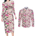 Pink Cockatoo Australia Couples Matching Long Sleeve Bodycon Dress and Long Sleeve Button Shirt Tropical Flowers - Seamless Pattern