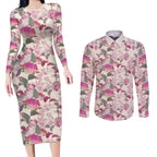 Pink Cockatoo Australia Couples Matching Long Sleeve Bodycon Dress and Long Sleeve Button Shirt Tropical Flowers - Seamless Pattern