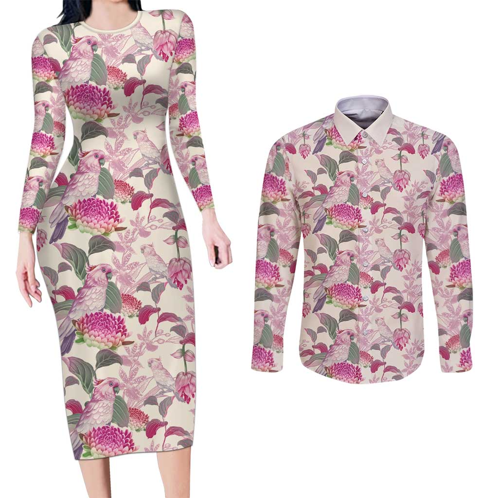 Pink Cockatoo Australia Couples Matching Long Sleeve Bodycon Dress and Long Sleeve Button Shirt Tropical Flowers - Seamless Pattern