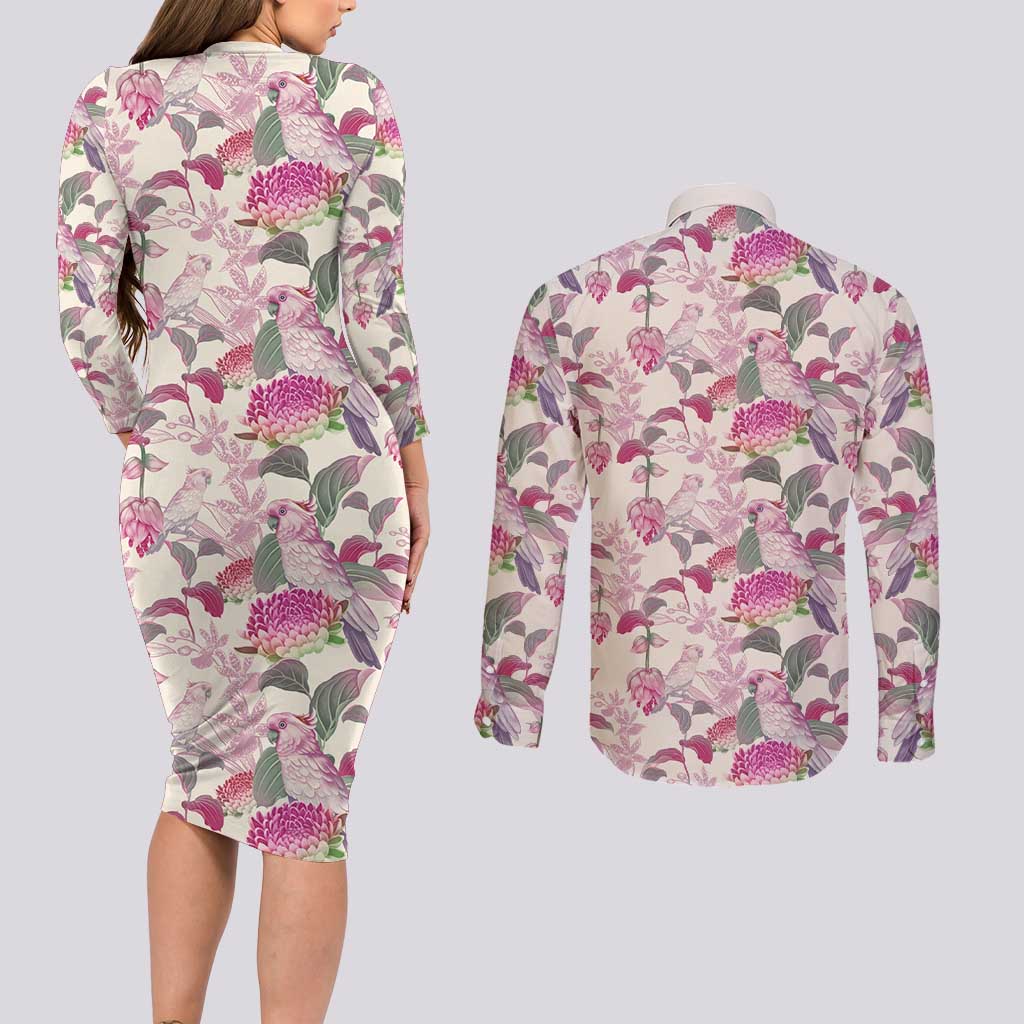 Pink Cockatoo Australia Couples Matching Long Sleeve Bodycon Dress and Long Sleeve Button Shirt Tropical Flowers - Seamless Pattern