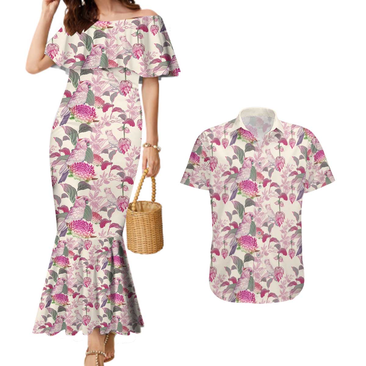 Pink Cockatoo Australia Couples Matching Mermaid Dress and Hawaiian Shirt Tropical Flowers - Seamless Pattern