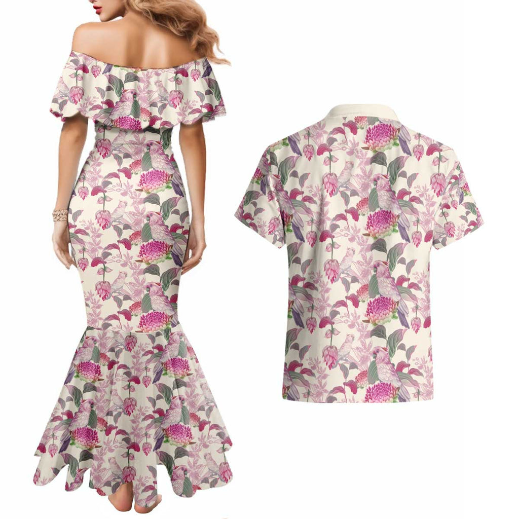 Pink Cockatoo Australia Couples Matching Mermaid Dress and Hawaiian Shirt Tropical Flowers - Seamless Pattern