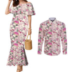 Pink Cockatoo Australia Couples Matching Mermaid Dress and Long Sleeve Button Shirt Tropical Flowers - Seamless Pattern