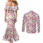 Pink Cockatoo Australia Couples Matching Mermaid Dress and Long Sleeve Button Shirt Tropical Flowers - Seamless Pattern