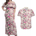 Pink Cockatoo Australia Couples Matching Off Shoulder Maxi Dress and Hawaiian Shirt Tropical Flowers - Seamless Pattern