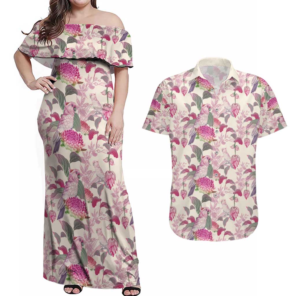 Pink Cockatoo Australia Couples Matching Off Shoulder Maxi Dress and Hawaiian Shirt Tropical Flowers - Seamless Pattern