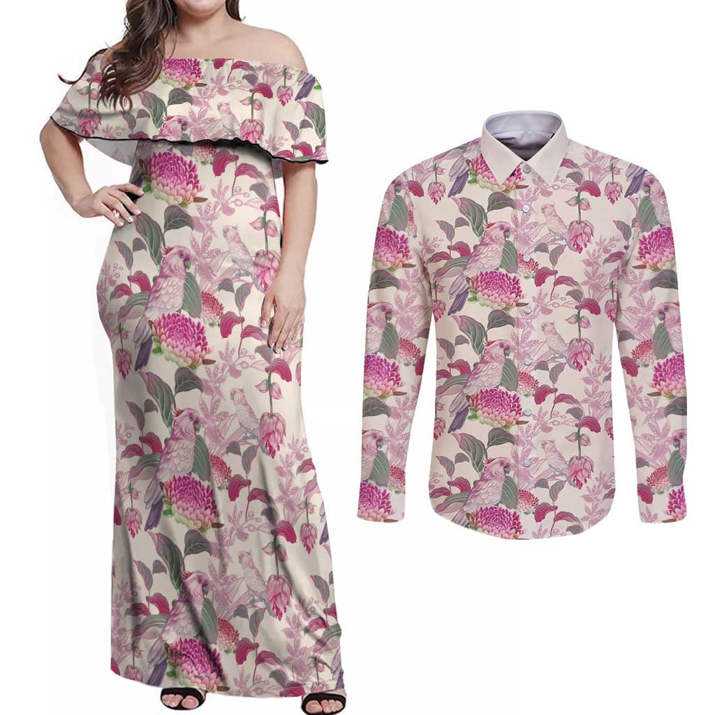 Pink Cockatoo Australia Couples Matching Off Shoulder Maxi Dress and Long Sleeve Button Shirt Tropical Flowers - Seamless Pattern