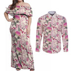 Pink Cockatoo Australia Couples Matching Off Shoulder Maxi Dress and Long Sleeve Button Shirt Tropical Flowers - Seamless Pattern