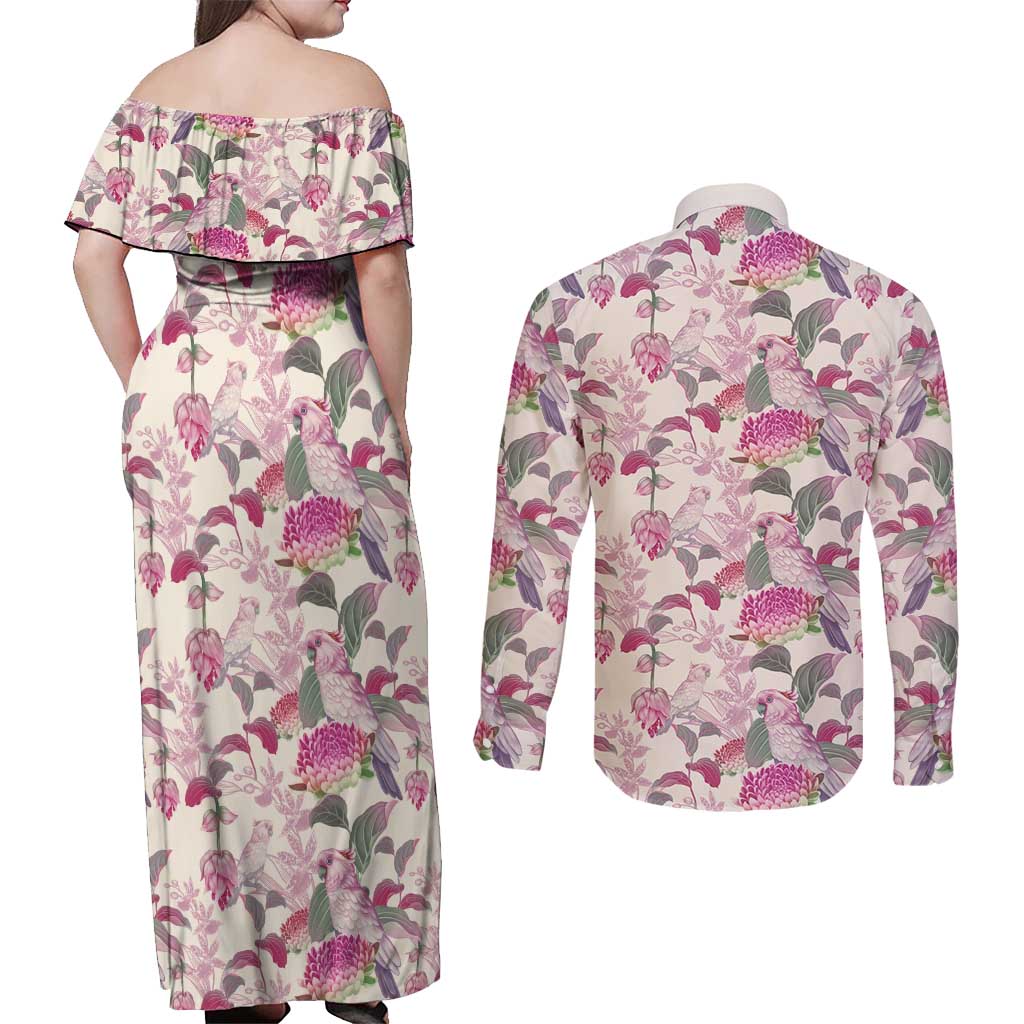 Pink Cockatoo Australia Couples Matching Off Shoulder Maxi Dress and Long Sleeve Button Shirt Tropical Flowers - Seamless Pattern