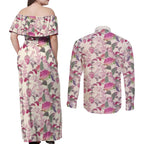 Pink Cockatoo Australia Couples Matching Off Shoulder Maxi Dress and Long Sleeve Button Shirt Tropical Flowers - Seamless Pattern