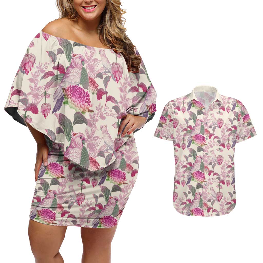 Pink Cockatoo Australia Couples Matching Off Shoulder Short Dress and Hawaiian Shirt Tropical Flowers - Seamless Pattern