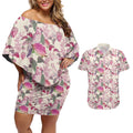 Pink Cockatoo Australia Couples Matching Off Shoulder Short Dress and Hawaiian Shirt Tropical Flowers - Seamless Pattern