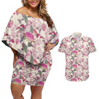 Pink Cockatoo Australia Couples Matching Off Shoulder Short Dress and Hawaiian Shirt Tropical Flowers - Seamless Pattern