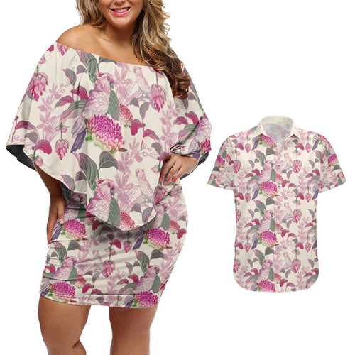 Pink Cockatoo Australia Couples Matching Off Shoulder Short Dress and Hawaiian Shirt Tropical Flowers - Seamless Pattern