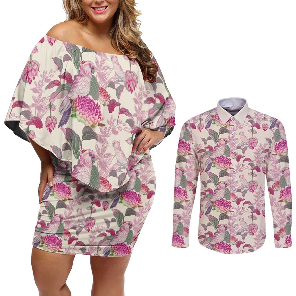 Pink Cockatoo Australia Couples Matching Off Shoulder Short Dress and Long Sleeve Button Shirt Tropical Flowers - Seamless Pattern