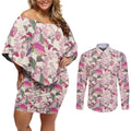 Pink Cockatoo Australia Couples Matching Off Shoulder Short Dress and Long Sleeve Button Shirt Tropical Flowers - Seamless Pattern