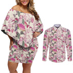 Pink Cockatoo Australia Couples Matching Off Shoulder Short Dress and Long Sleeve Button Shirt Tropical Flowers - Seamless Pattern
