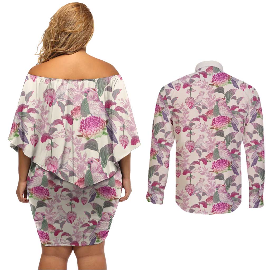Pink Cockatoo Australia Couples Matching Off Shoulder Short Dress and Long Sleeve Button Shirt Tropical Flowers - Seamless Pattern