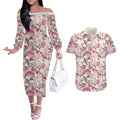 Pink Cockatoo Australia Couples Matching Off The Shoulder Long Sleeve Dress and Hawaiian Shirt Tropical Flowers - Seamless Pattern
