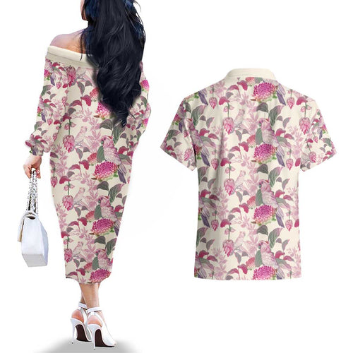 Pink Cockatoo Australia Couples Matching Off The Shoulder Long Sleeve Dress and Hawaiian Shirt Tropical Flowers - Seamless Pattern