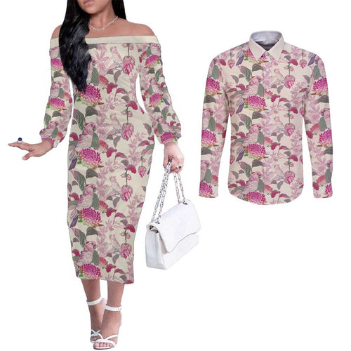 Pink Cockatoo Australia Couples Matching Off The Shoulder Long Sleeve Dress and Long Sleeve Button Shirt Tropical Flowers - Seamless Pattern