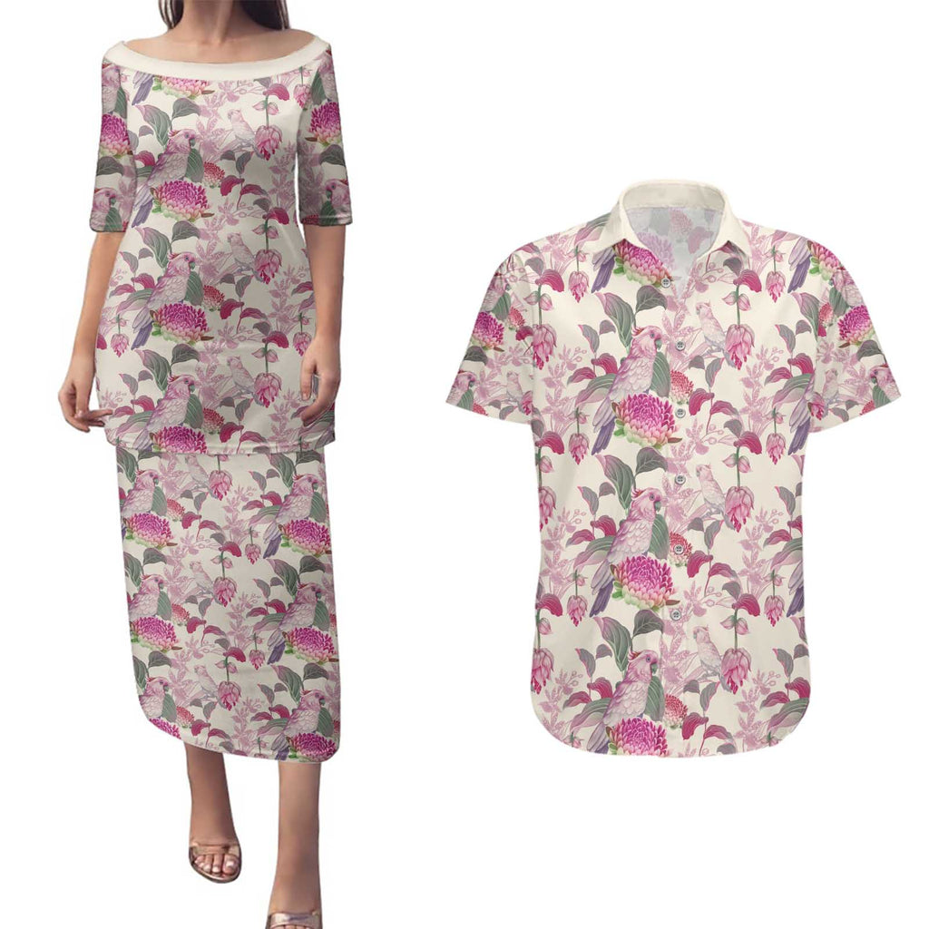 Pink Cockatoo Australia Couples Matching Puletasi and Hawaiian Shirt Tropical Flowers - Seamless Pattern