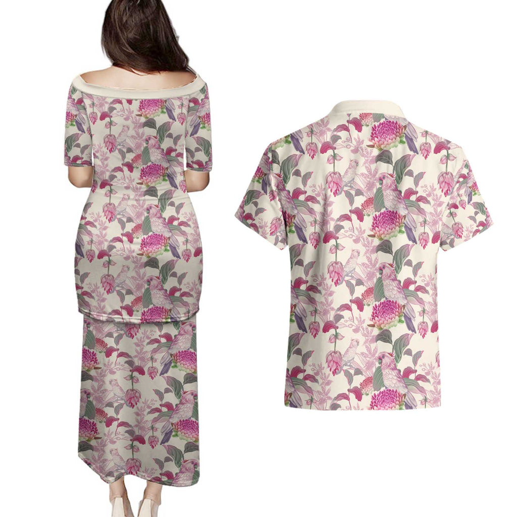 Pink Cockatoo Australia Couples Matching Puletasi and Hawaiian Shirt Tropical Flowers - Seamless Pattern