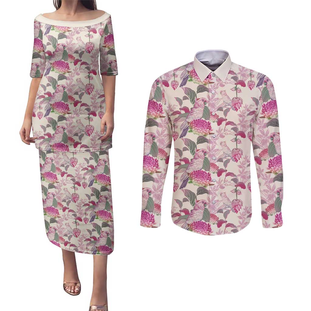 Pink Cockatoo Australia Couples Matching Puletasi and Long Sleeve Button Shirt Tropical Flowers - Seamless Pattern