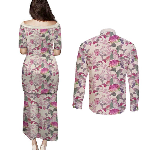 Pink Cockatoo Australia Couples Matching Puletasi and Long Sleeve Button Shirt Tropical Flowers - Seamless Pattern