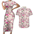 Pink Cockatoo Australia Couples Matching Short Sleeve Bodycon Dress and Hawaiian Shirt Tropical Flowers - Seamless Pattern
