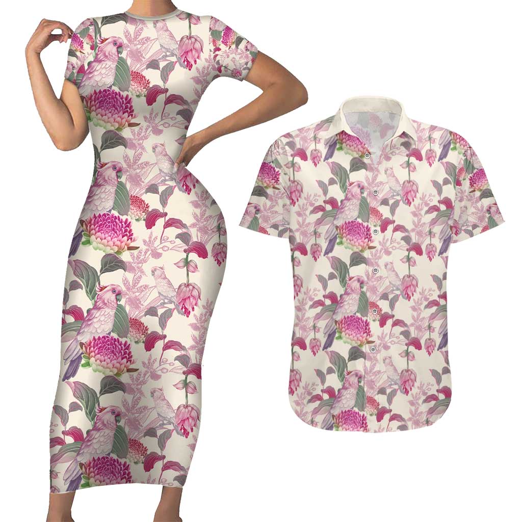 Pink Cockatoo Australia Couples Matching Short Sleeve Bodycon Dress and Hawaiian Shirt Tropical Flowers - Seamless Pattern