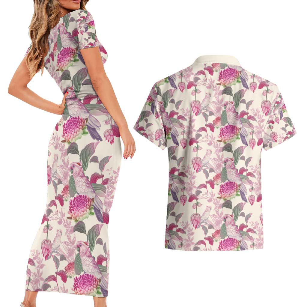 Pink Cockatoo Australia Couples Matching Short Sleeve Bodycon Dress and Hawaiian Shirt Tropical Flowers - Seamless Pattern