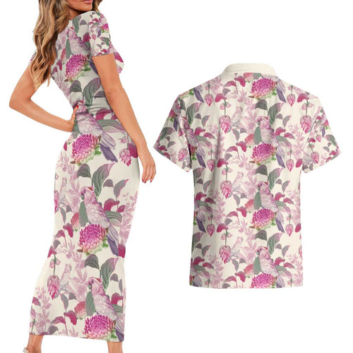 Pink Cockatoo Australia Couples Matching Short Sleeve Bodycon Dress and Hawaiian Shirt Tropical Flowers - Seamless Pattern