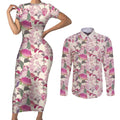 Pink Cockatoo Australia Couples Matching Short Sleeve Bodycon Dress and Long Sleeve Button Shirt Tropical Flowers - Seamless Pattern