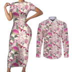 Pink Cockatoo Australia Couples Matching Short Sleeve Bodycon Dress and Long Sleeve Button Shirt Tropical Flowers - Seamless Pattern