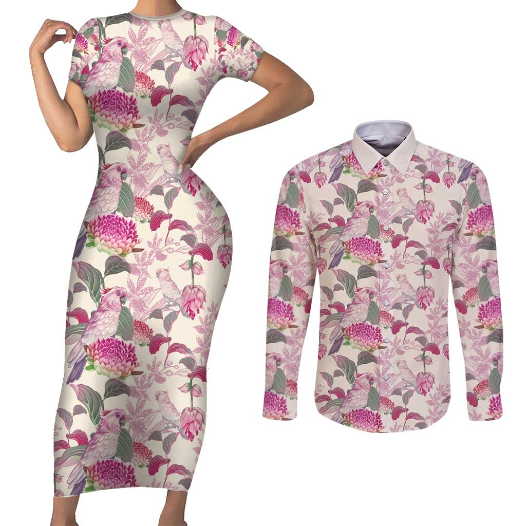 Pink Cockatoo Australia Couples Matching Short Sleeve Bodycon Dress and Long Sleeve Button Shirt Tropical Flowers - Seamless Pattern