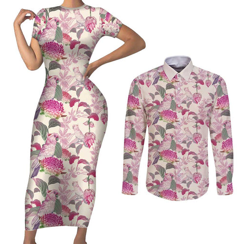 Pink Cockatoo Australia Couples Matching Short Sleeve Bodycon Dress and Long Sleeve Button Shirt Tropical Flowers - Seamless Pattern