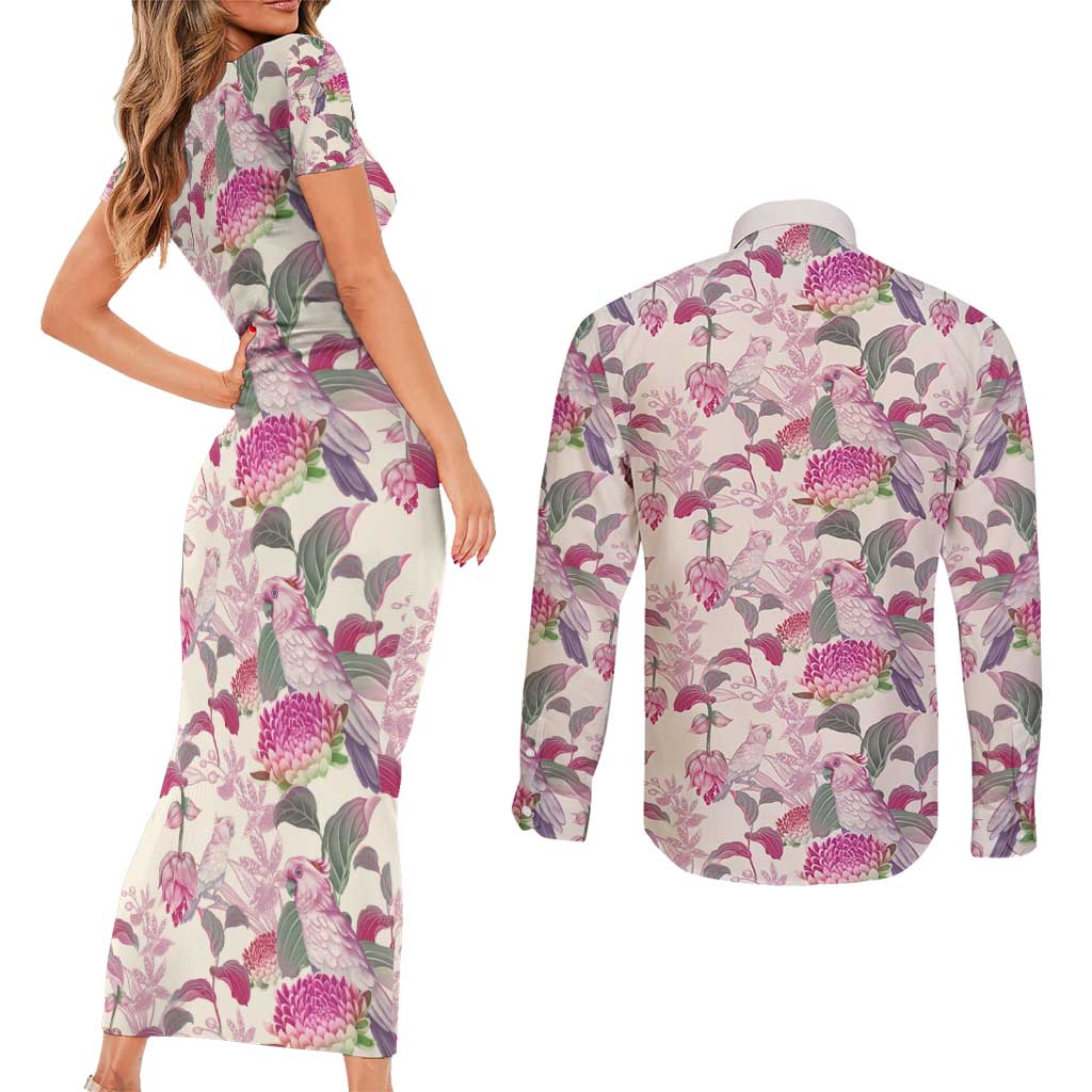 Pink Cockatoo Australia Couples Matching Short Sleeve Bodycon Dress and Long Sleeve Button Shirt Tropical Flowers - Seamless Pattern