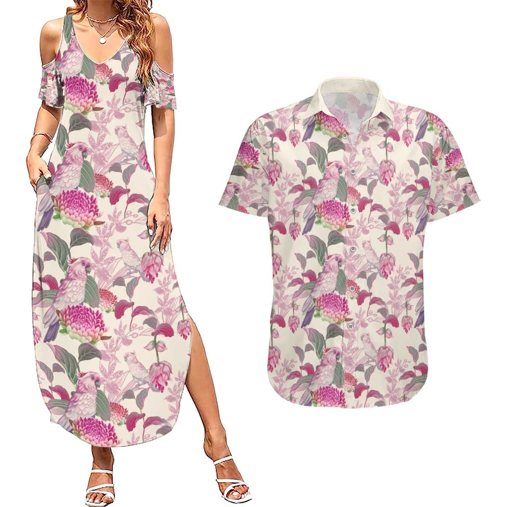 Pink Cockatoo Australia Couples Matching Summer Maxi Dress and Hawaiian Shirt Tropical Flowers - Seamless Pattern