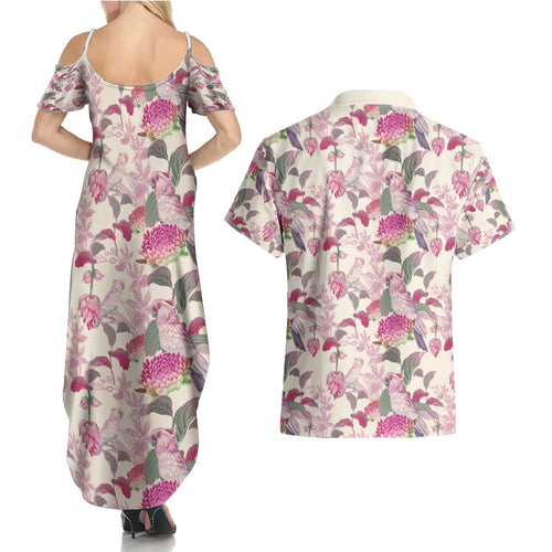 Pink Cockatoo Australia Couples Matching Summer Maxi Dress and Hawaiian Shirt Tropical Flowers - Seamless Pattern