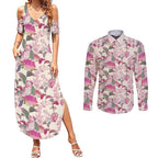 Pink Cockatoo Australia Couples Matching Summer Maxi Dress and Long Sleeve Button Shirt Tropical Flowers - Seamless Pattern