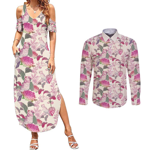 Pink Cockatoo Australia Couples Matching Summer Maxi Dress and Long Sleeve Button Shirt Tropical Flowers - Seamless Pattern