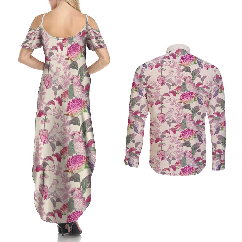 Pink Cockatoo Australia Couples Matching Summer Maxi Dress and Long Sleeve Button Shirt Tropical Flowers - Seamless Pattern