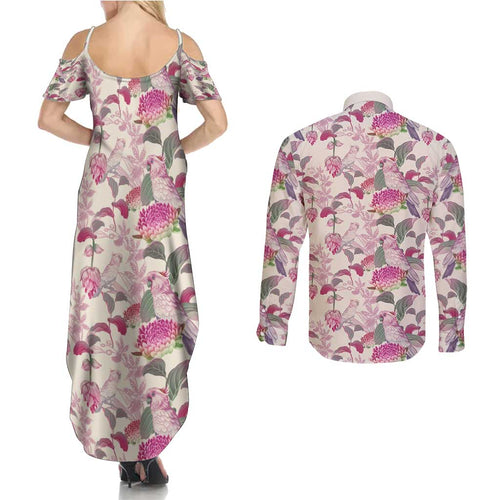 Pink Cockatoo Australia Couples Matching Summer Maxi Dress and Long Sleeve Button Shirt Tropical Flowers - Seamless Pattern