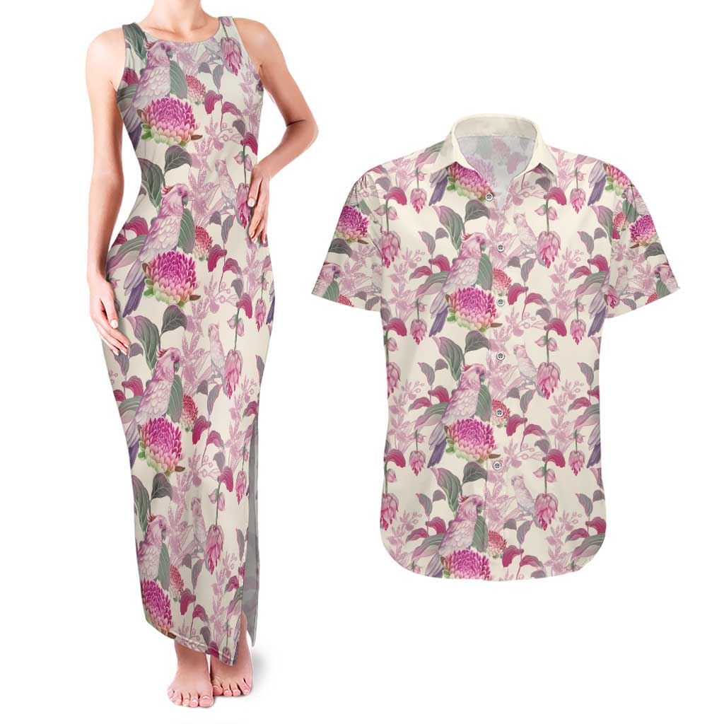 Pink Cockatoo Australia Couples Matching Tank Maxi Dress and Hawaiian Shirt Tropical Flowers - Seamless Pattern