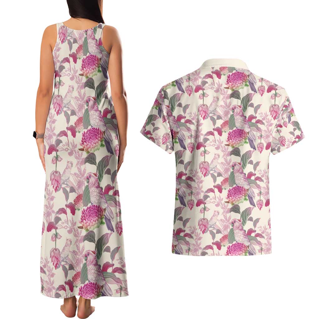 Pink Cockatoo Australia Couples Matching Tank Maxi Dress and Hawaiian Shirt Tropical Flowers - Seamless Pattern