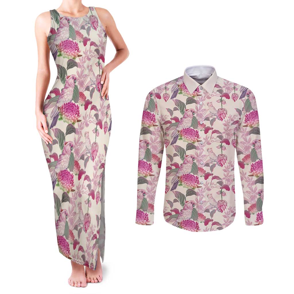 Pink Cockatoo Australia Couples Matching Tank Maxi Dress and Long Sleeve Button Shirt Tropical Flowers - Seamless Pattern