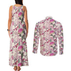 Pink Cockatoo Australia Couples Matching Tank Maxi Dress and Long Sleeve Button Shirt Tropical Flowers - Seamless Pattern