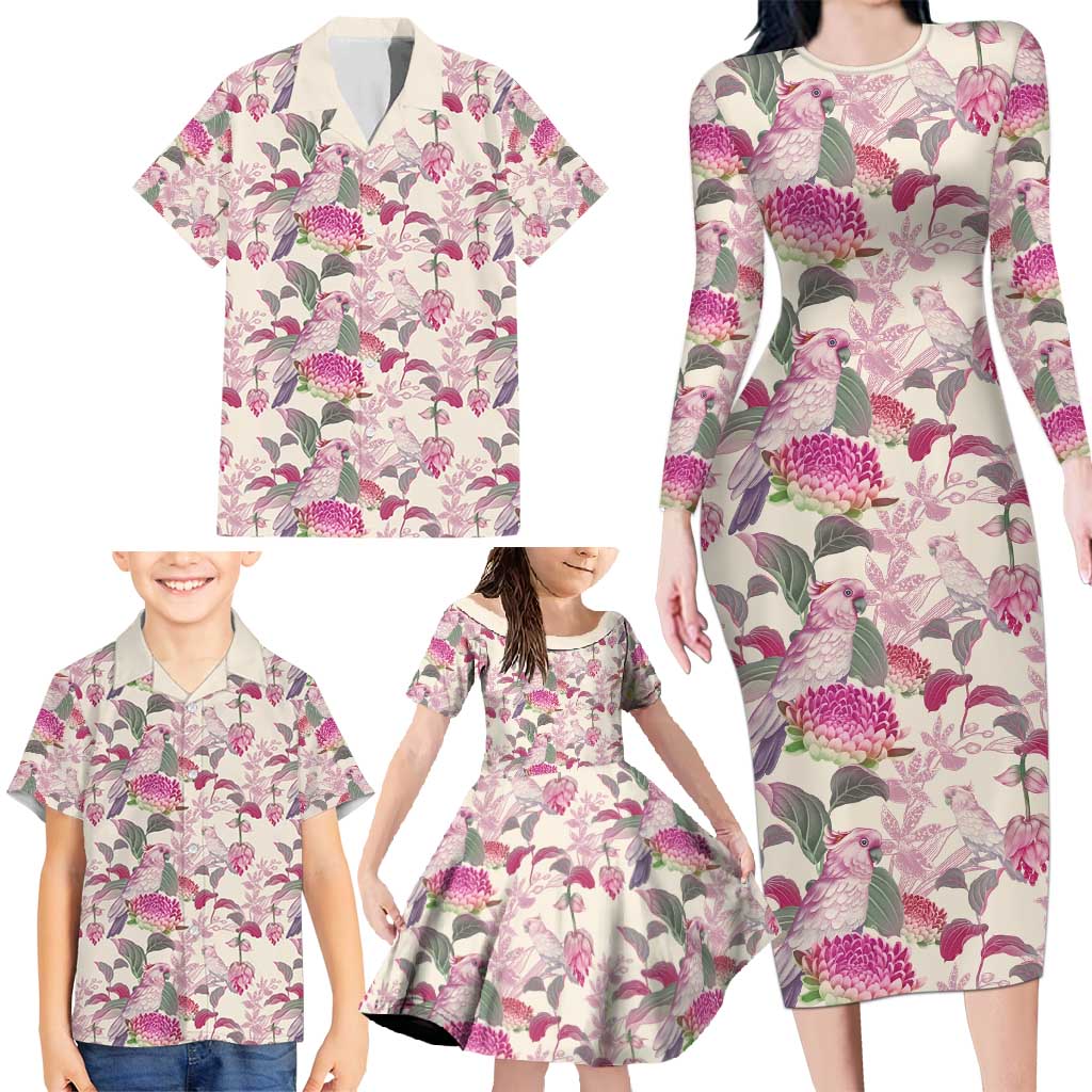 Pink Cockatoo Australia Family Matching Long Sleeve Bodycon Dress and Hawaiian Shirt Tropical Flowers - Seamless Pattern