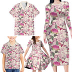 Pink Cockatoo Australia Family Matching Long Sleeve Bodycon Dress and Hawaiian Shirt Tropical Flowers - Seamless Pattern